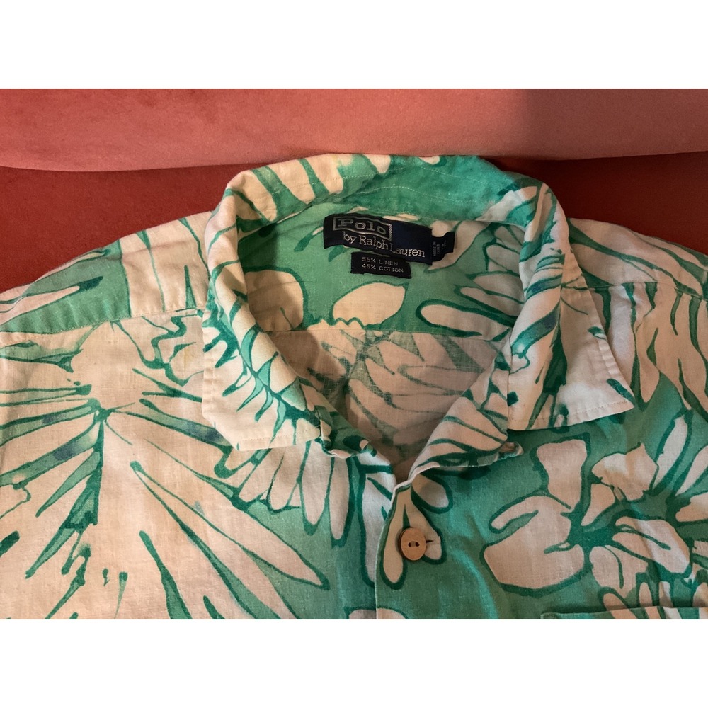 Polo Ralph Lauren Mens Green White Floral Linen Cotton Short Sleeve Shirt XL